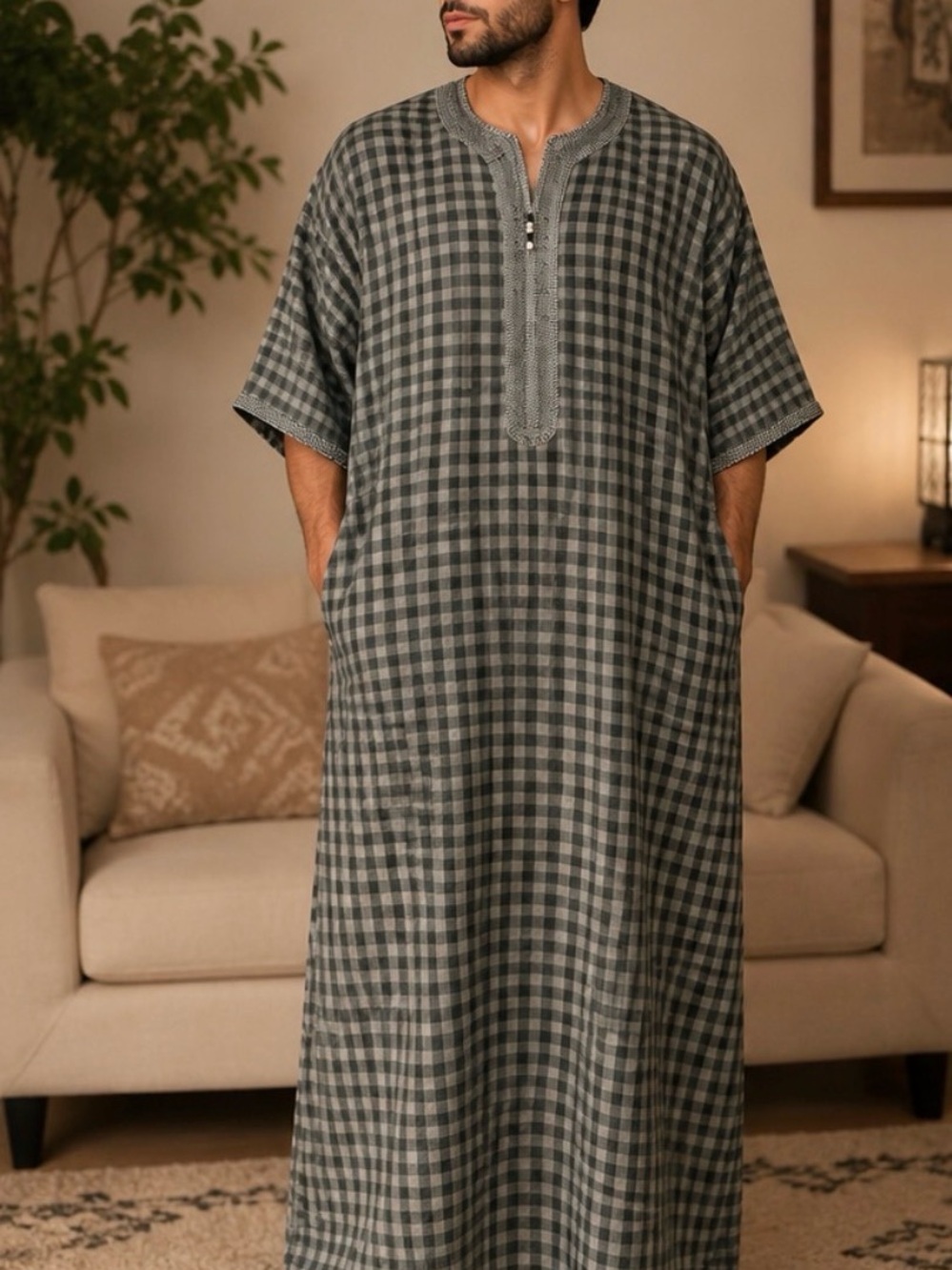 Men's Grey Green Plaid Moroccan Kaftan Thobe